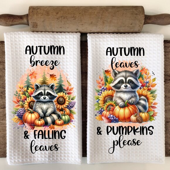 Fall Raccoon Pumpkin Kitchen Towel Set, Autumn Leaves Rustic Farmhouse Towels - Picture 1 of 10